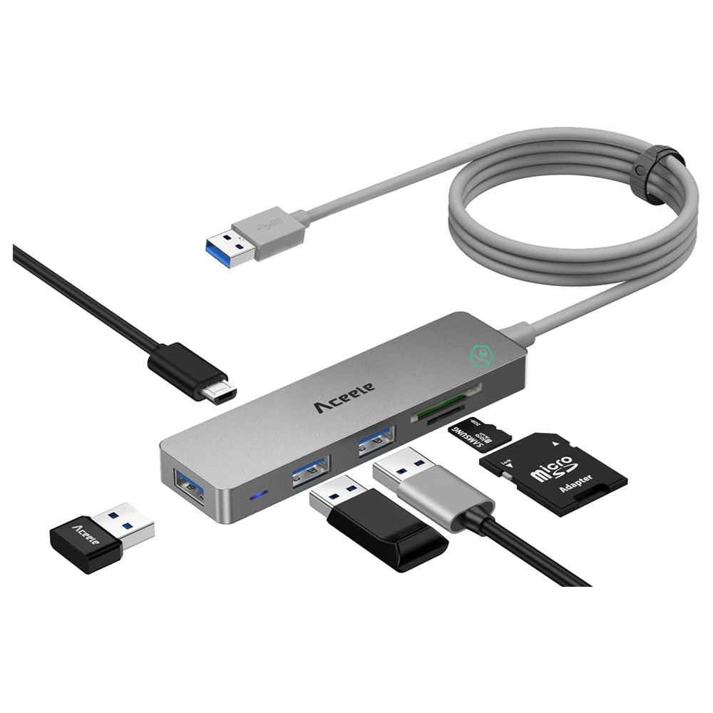 Aceele 6 in 1 USB 3.0 Hub with 1.2M Extended Cable, Micro Port for Power Supply, 3*USB A and SD/TF, High-Speed Data Splitter Adapter for PS5, Mobile HDD, USB A Desktop PC and Laptop, Flash Drive