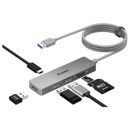 Aceele 6 in 1 USB 3.0 Hub with 1.2M Extended Cable, Micro Port for Power Supply, 3*USB A and SD/TF, High-Speed Data Splitter Adapter for PS5, Mobile HDD, USB A Desktop PC and Laptop, Flash Drive