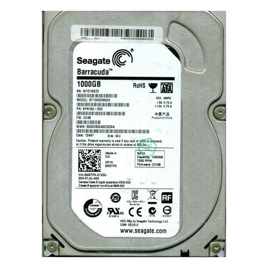 9YN162-500 Seagate Barracuda 1TB 7200RPM SATA 6Gbps 64MB Cache 3.5-inch Internal Hard Drive