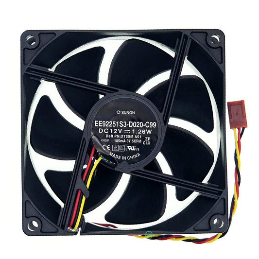 Sunon EE92251S3-D020-C99 PVA092G12M Rear Case Computer Cooling Fan for Dell Vostro 200 400 430 460 470 Mini Tower RKC55 X755M XPS 8300 8500 8700 DC12V 3-Pin 92x92x25mm