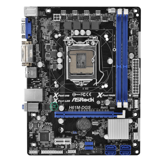 ASR-H61M-DGS ASRock H61M-DGS Socket LGA 1155 Intel H61 Chipset 3rd And 2nd Generation Core i7 / i5 / i3 / Pentium / Celeron / Xeon Processors Support DDR3 2x DIMM 4x SATA2 3.0Gb/s Micro-ATX Motherboard (Refurbished)