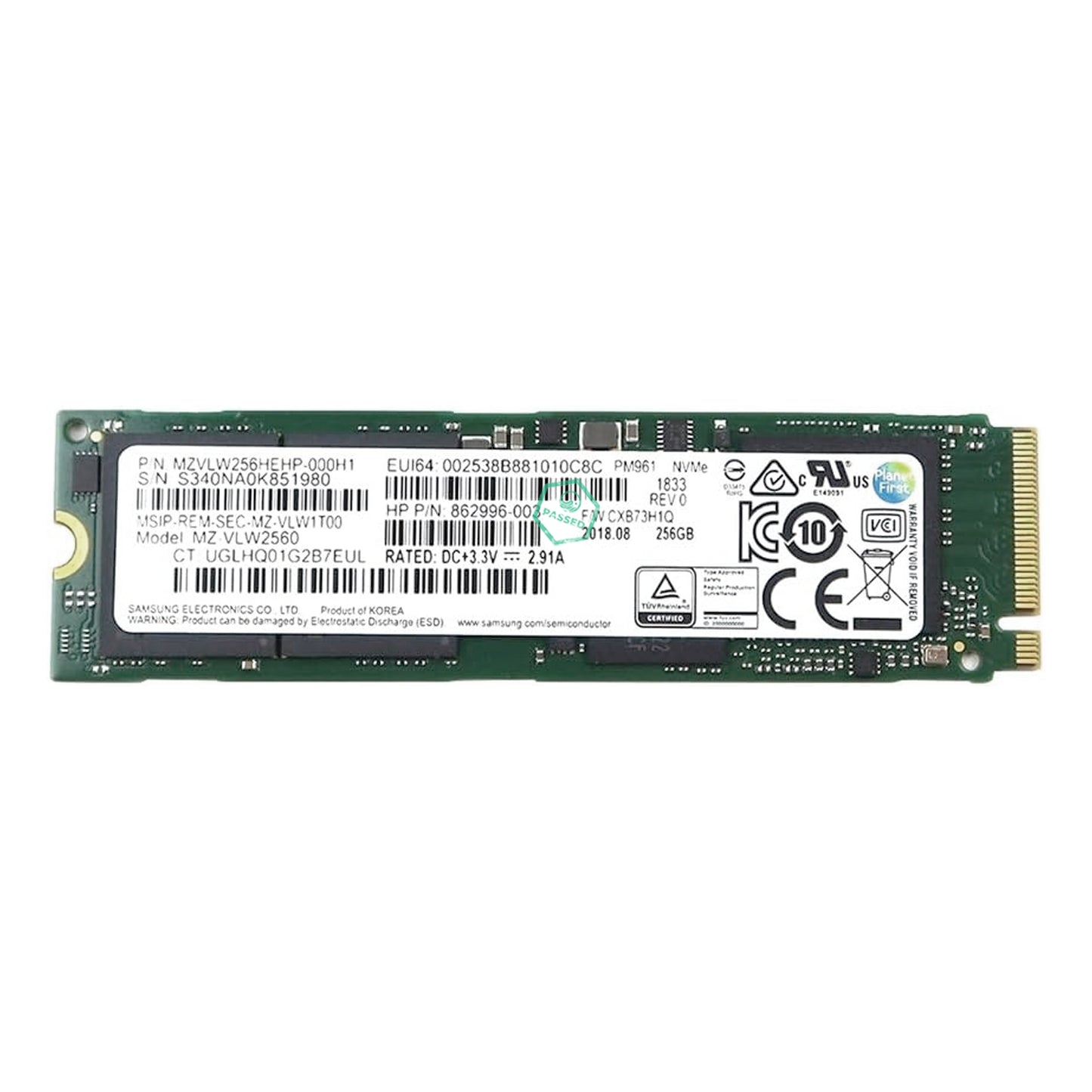 MZVLW256HEHP Samsung PM961 Series 256GB TLC PCI Express 3.0 x4 NVMe M.2 2280 Internal Solid State Drive (SSD)