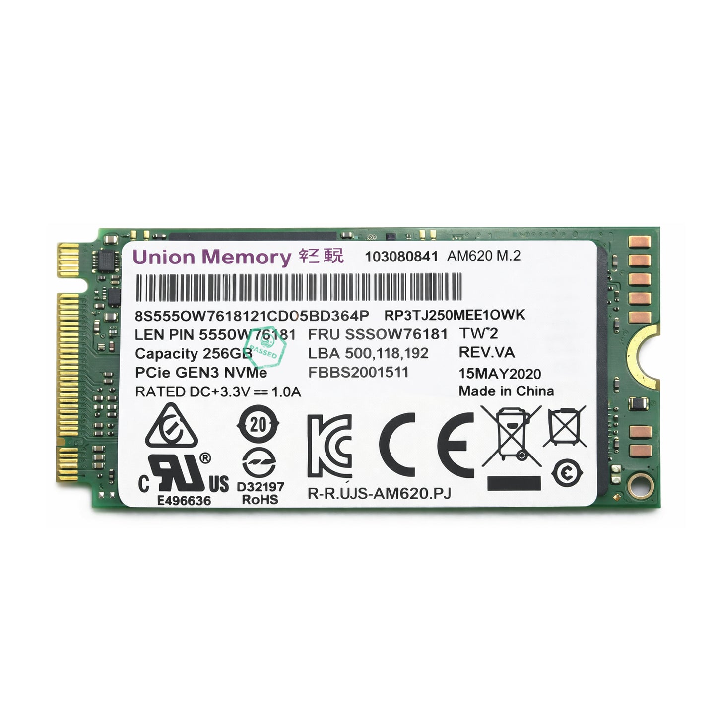 SSS0W76181 Union Memory 256GB PCI Express NVMe 3.0 x4 M.2 2242 Solid State Drive (SSD)